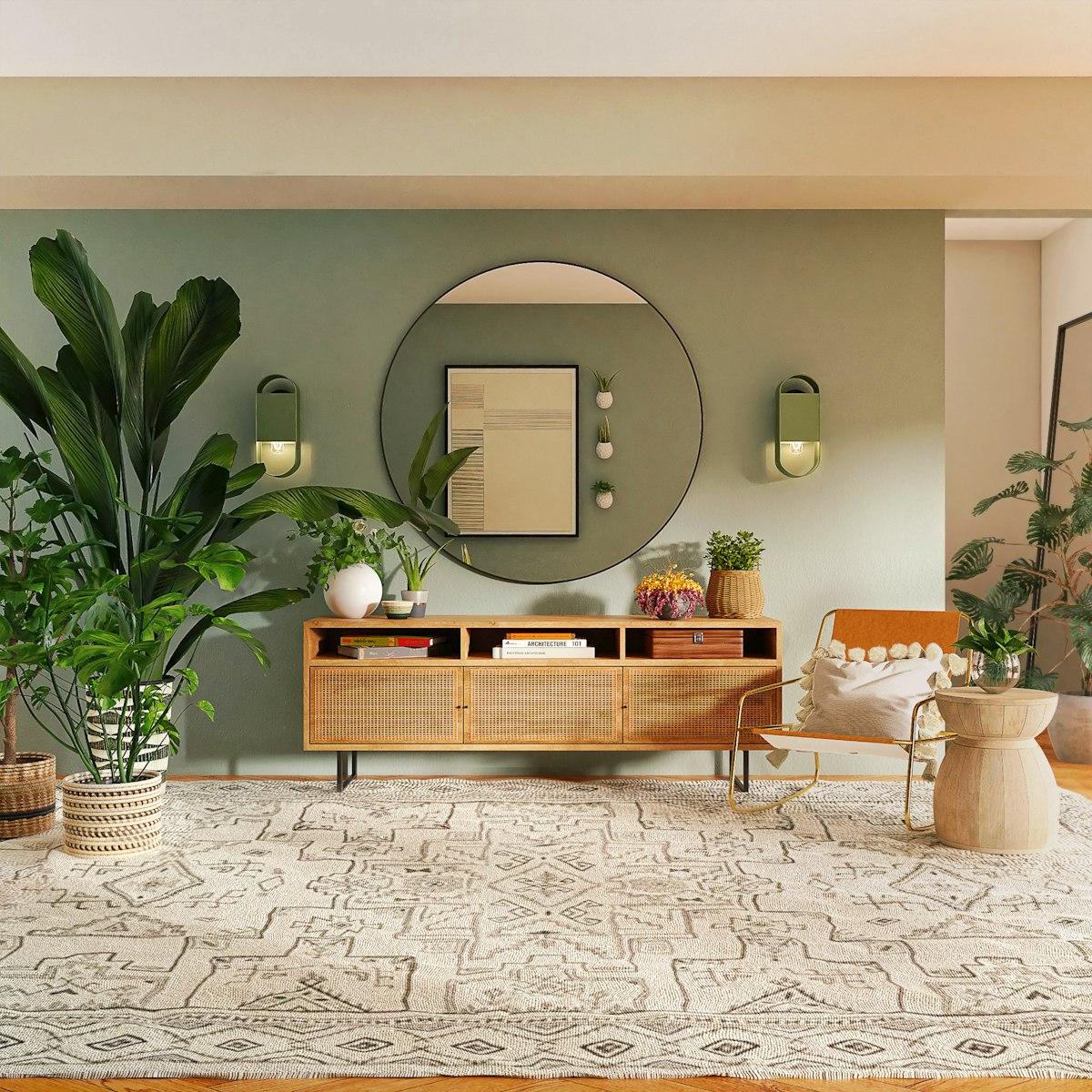 Grasscloth textured wallpaper in a quiet luxury living room with warm neutral palette and natural materials