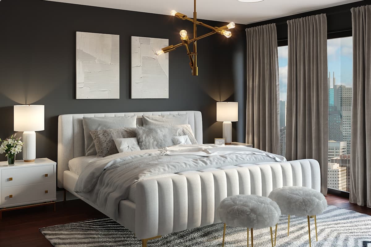 Grasscloth and textured wallpaper on bedroom walls creating a calm, layered backdrop