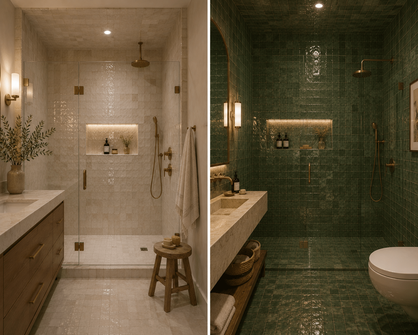 Tile drenching in a luxury bathroom with floor-to-ceiling continuous tile installation