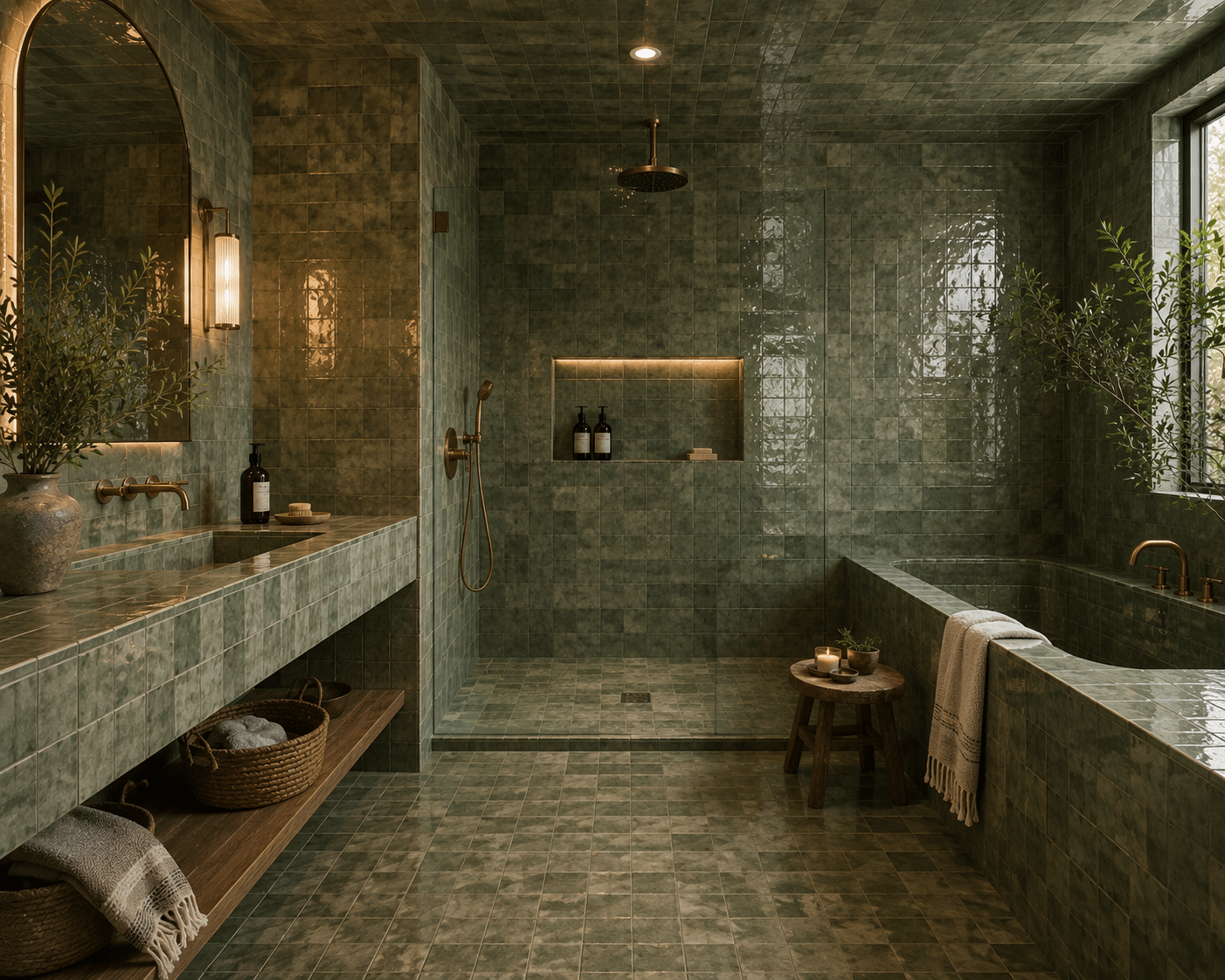 Large format tile bathroom showing minimal grout lines and floor to ceiling tile installation in shower