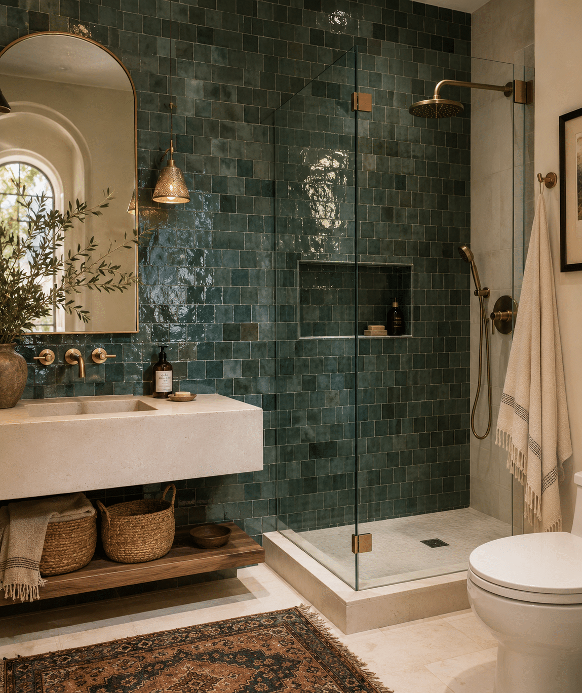 Zellige tile bathroom showing iridescent hand-glazed surface catching warm afternoon light across individual tiles
