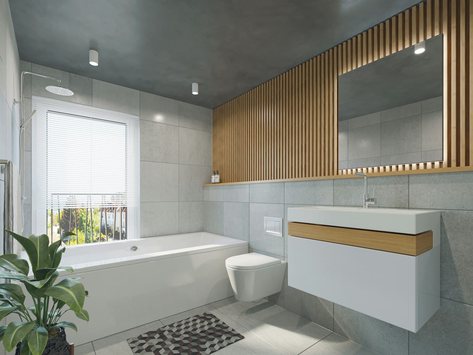 Modern bathroom remodel in Ellensburg with wood slat accent wall and floating vanity
