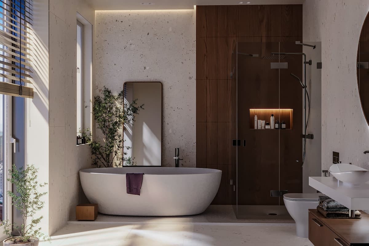 Modern bathroom remodel in Wenatchee WA with freestanding tub and glass walk-in shower